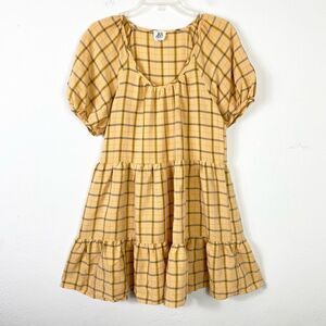 Dra Los Angeles Yellow & Grey Plaid Puff Sleeve Tiered Cottagecore Mini Dress